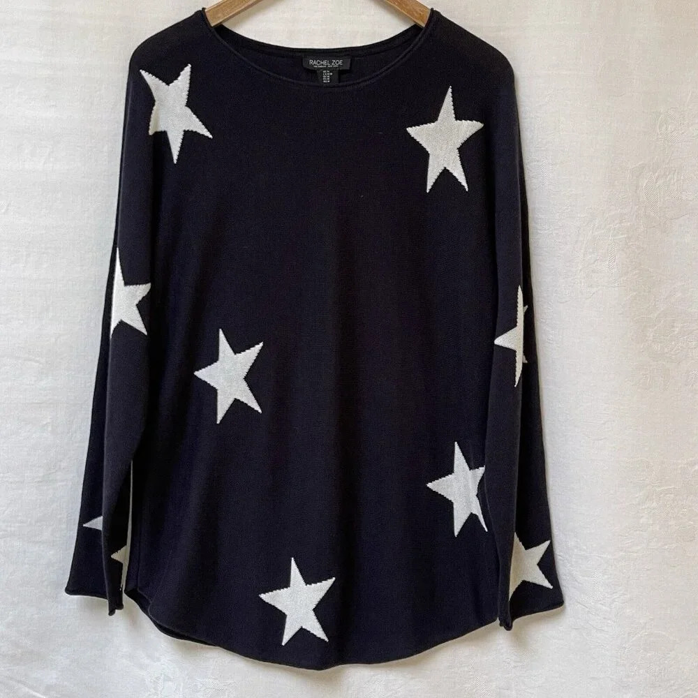 Rachel Zoe Black Star Sweater Womens Medium Light Weight Cashmere Blend Classic